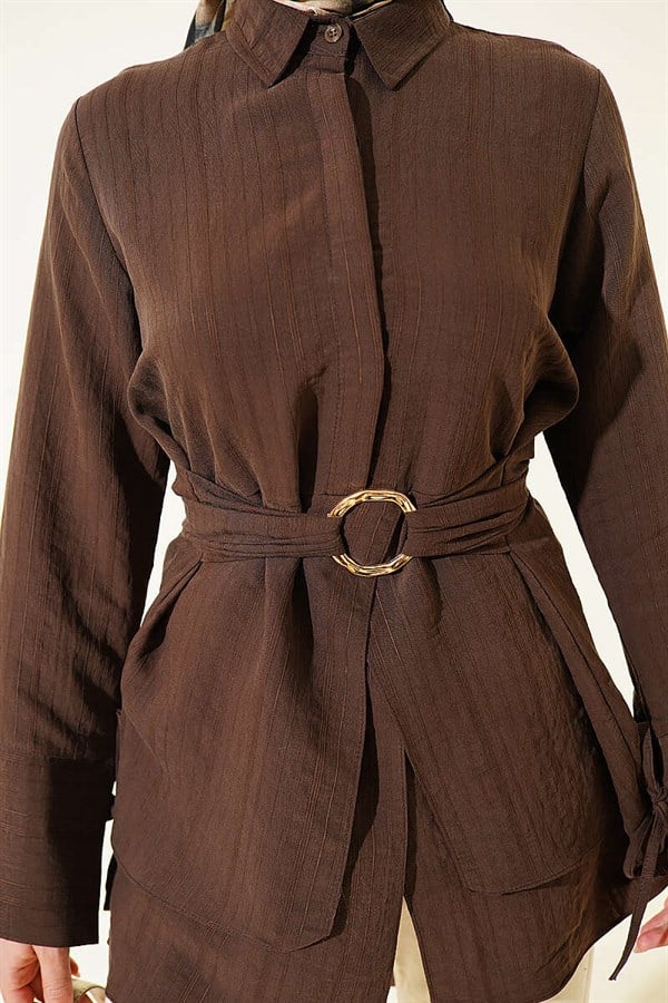 Half Hidden Button Tie Tunic in Brown