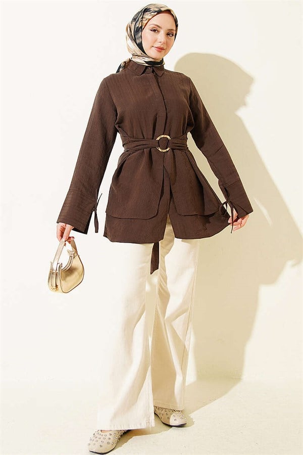 Half Hidden Button Tie Tunic in Brown