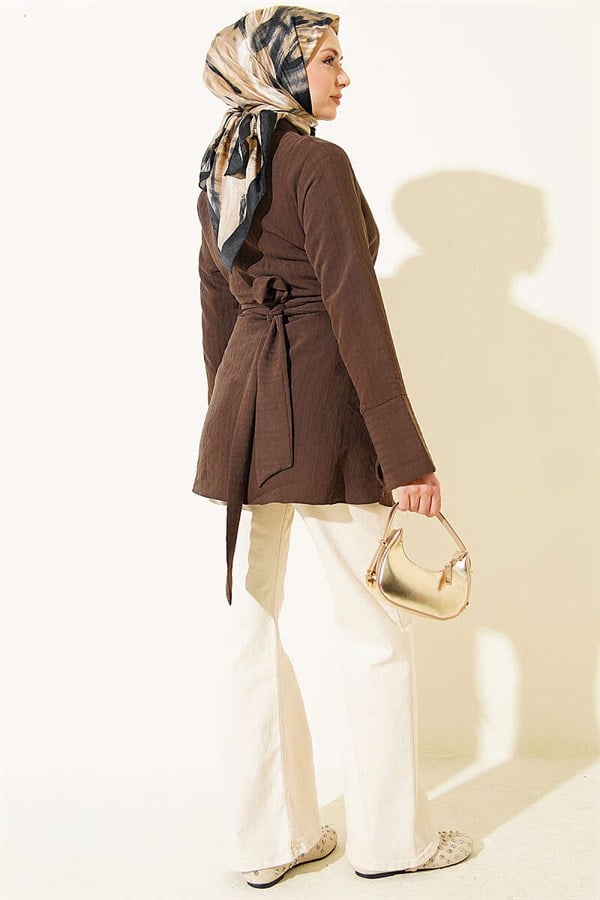 Half Hidden Button Tie Tunic in Brown