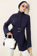 Half-Hidden Button Tie Tunic, Navy Blue
