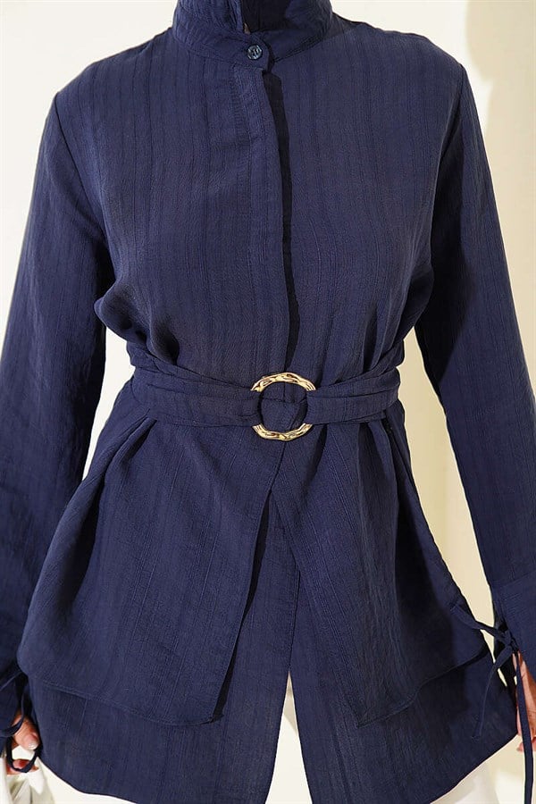 Half-Hidden Button Tie Tunic, Navy Blue