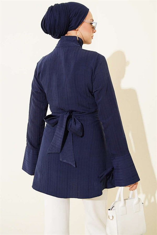 Half-Hidden Button Tie Tunic, Navy Blue