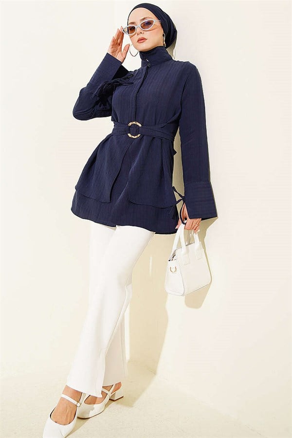 Half-Hidden Button Tie Tunic, Navy Blue
