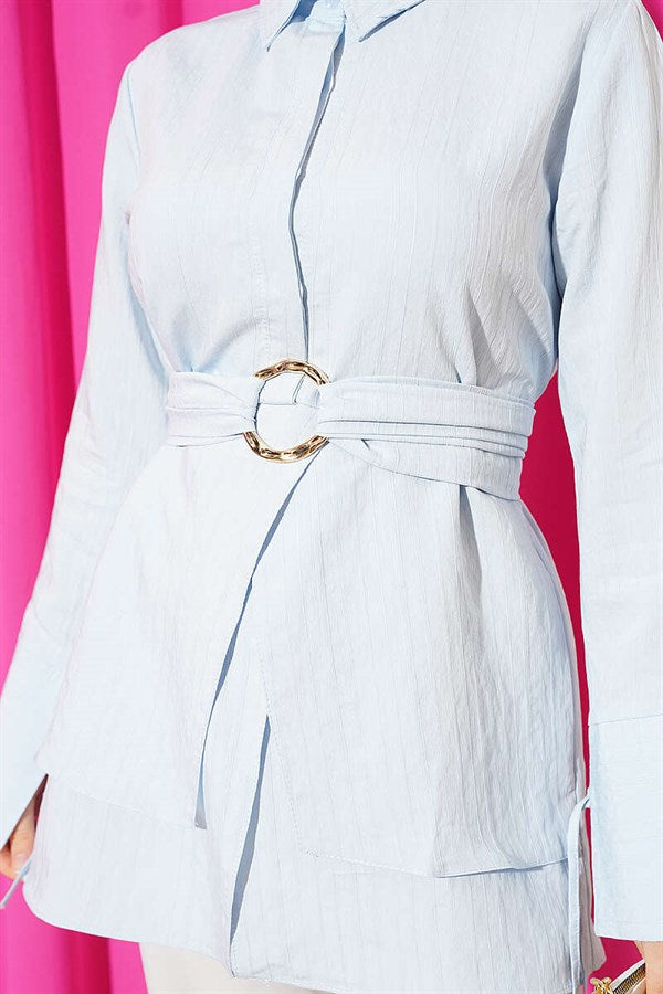 Half-Hidden Button Tie Tunic Blue