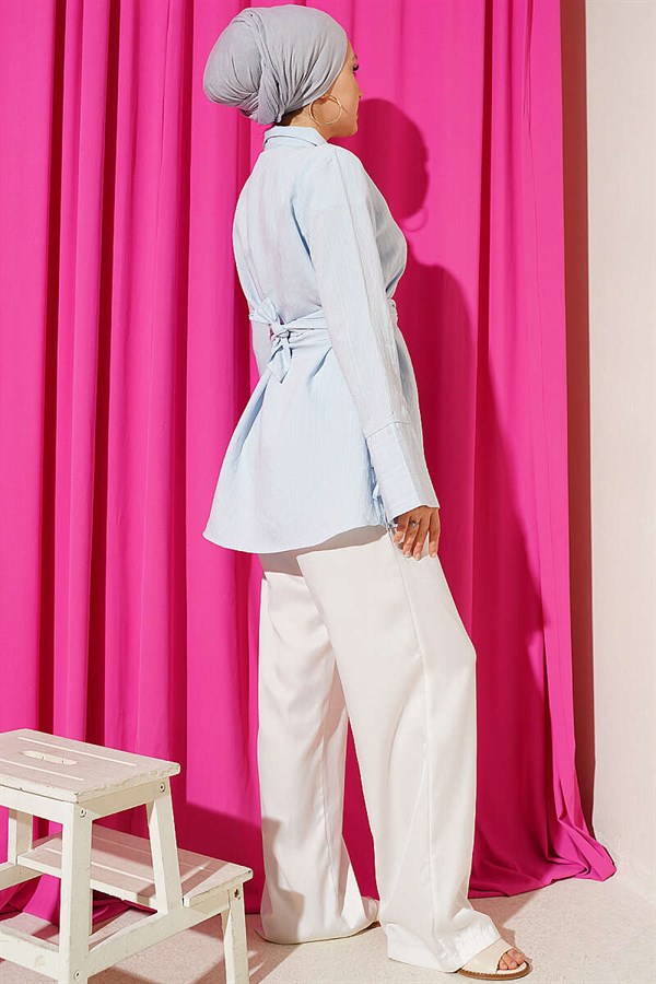 Half-Hidden Button Tie Tunic Blue