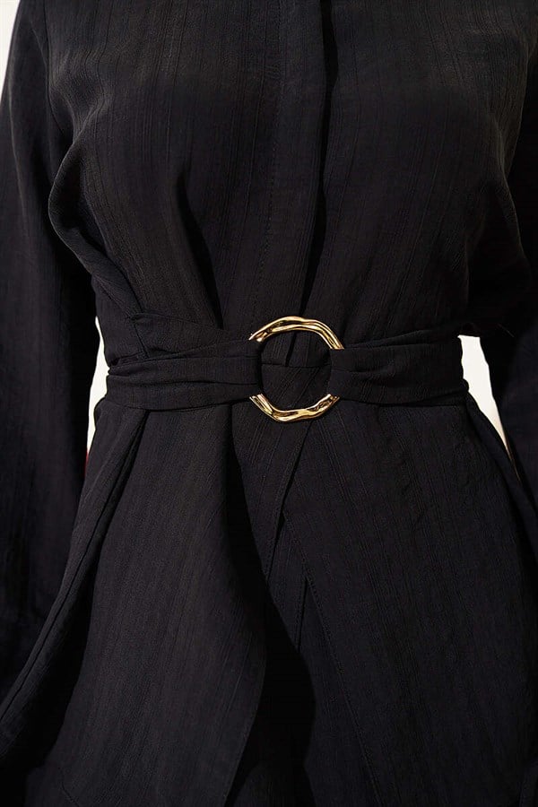 Half-Hidden Button Tie Tunic Black