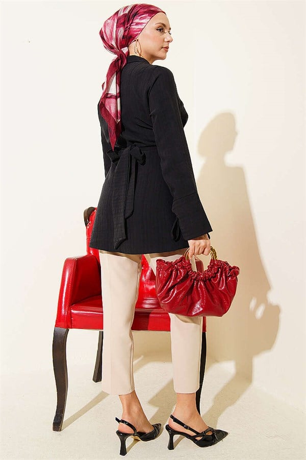 Half-Hidden Button Tie Tunic Black