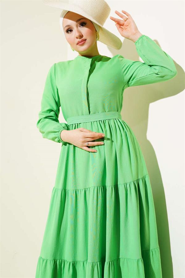 Half Hidden Button Belted Dress Neon Green