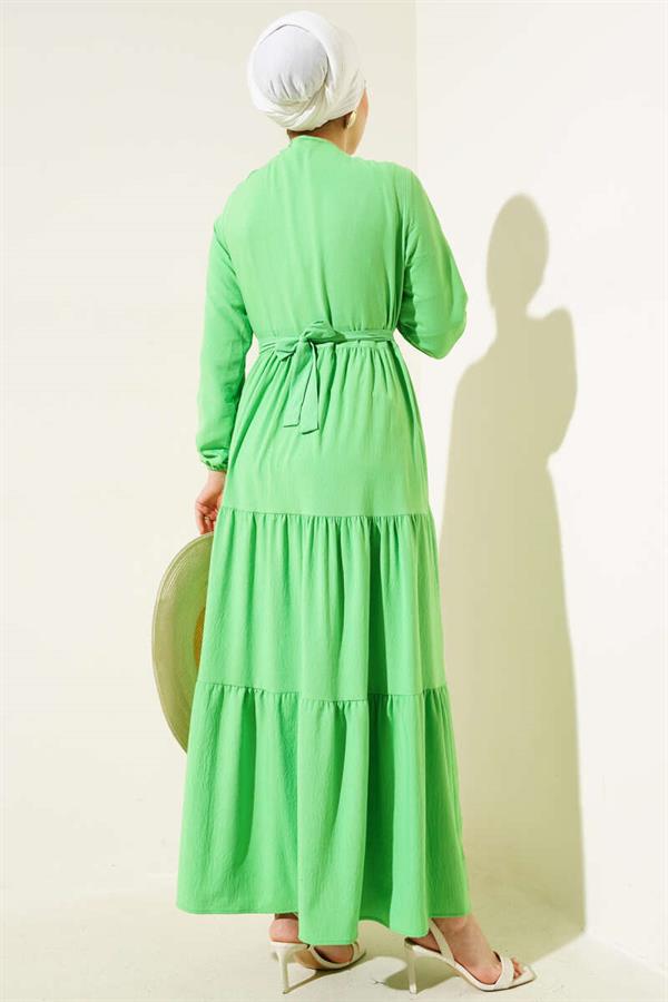 Half Hidden Button Belted Dress Neon Green