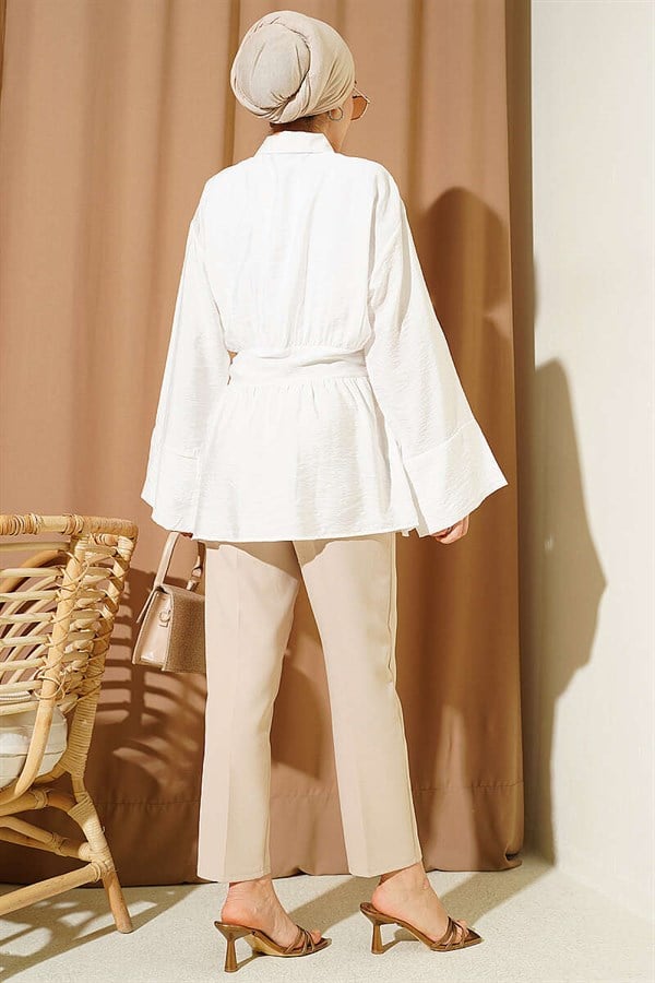 Half-Hidden Button Belted Shirt, Ecru