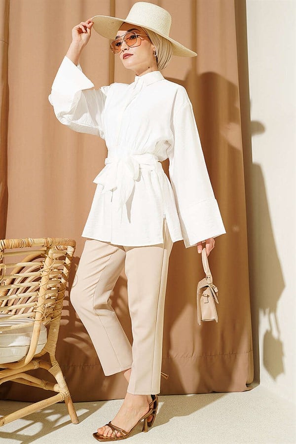 Half-Hidden Button Belted Shirt, Ecru