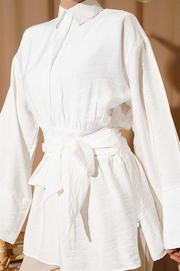 Half-Hidden Button Belted Shirt, Ecru