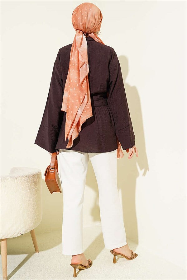 Half-Hidden Button Belted Shirt, Coffee