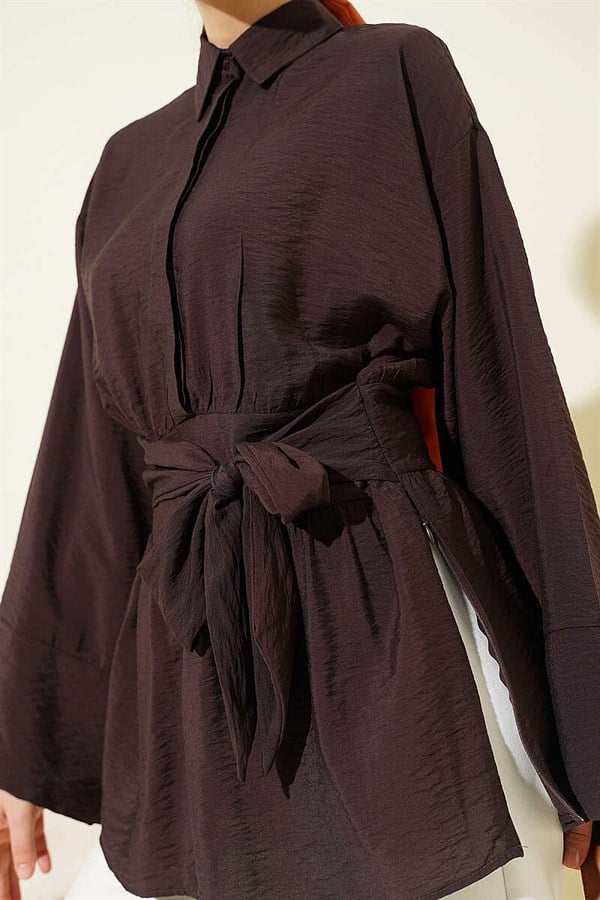 Half-Hidden Button Belted Shirt, Coffee