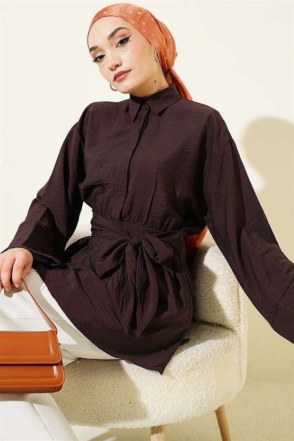 Half-Hidden Button Belted Shirt, Coffee
