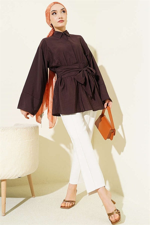 Half-Hidden Button Belted Shirt, Coffee