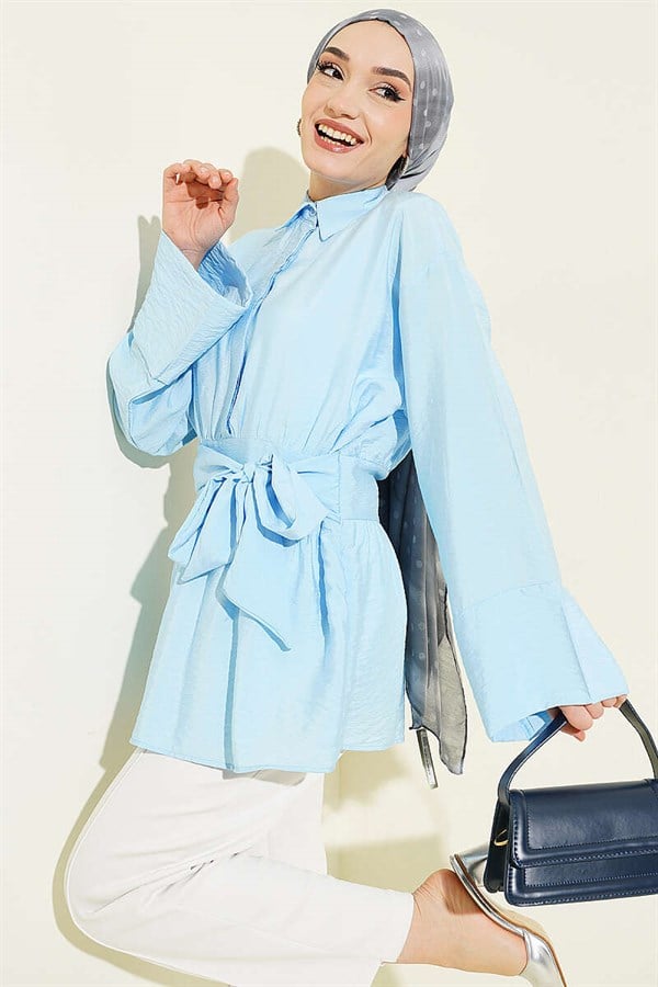 Half-Hidden Button Belted Shirt Blue