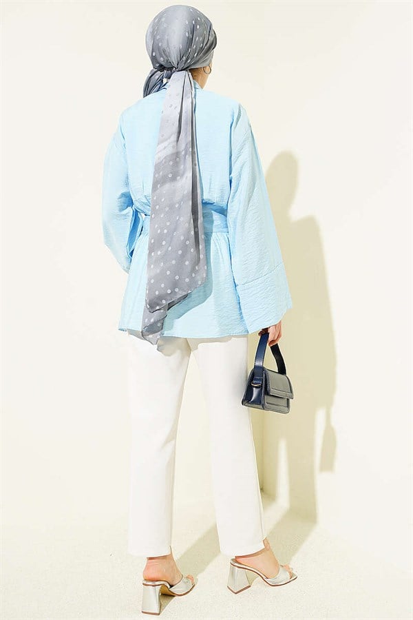 Half-Hidden Button Belted Shirt Blue