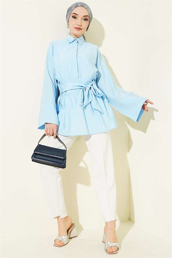 Half-Hidden Button Belted Shirt Blue