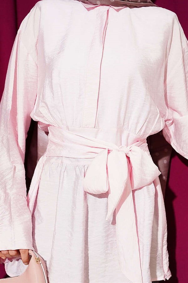 Half-Hidden Button Belted Shirt Pink