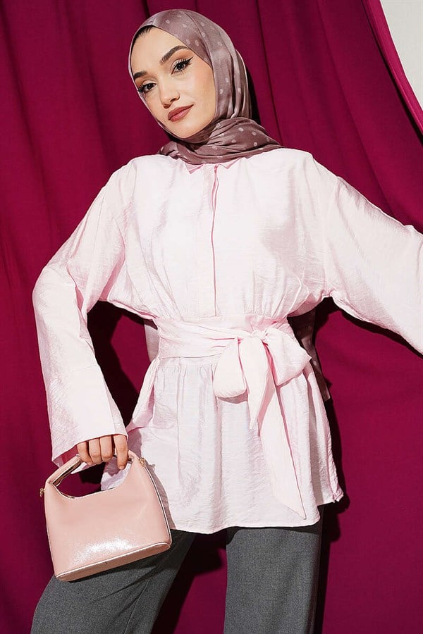 Half-Hidden Button Belted Shirt Pink