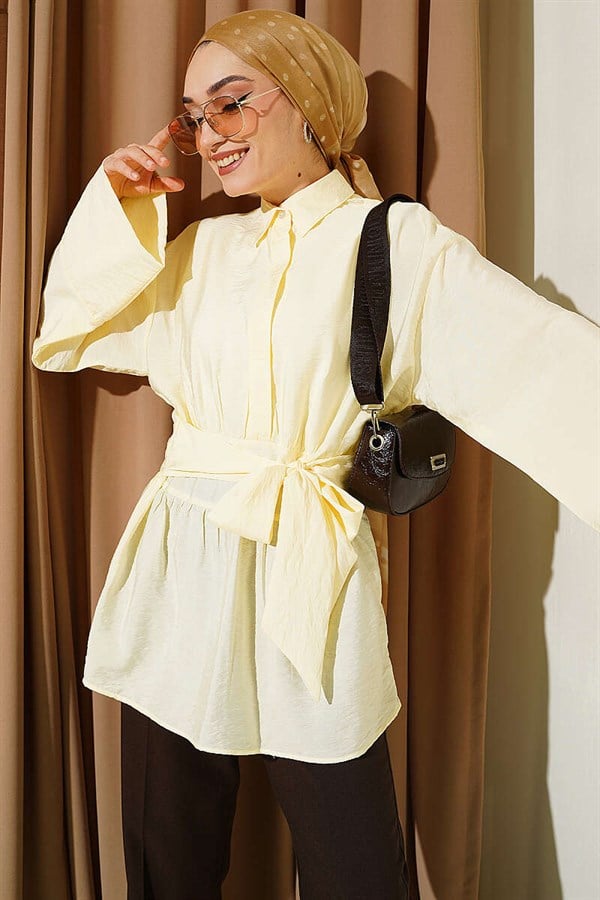 Half-Hidden Button Belted Shirt Yellow