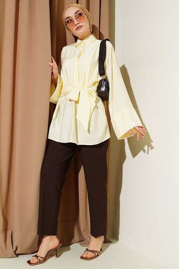 Half-Hidden Button Belted Shirt Yellow