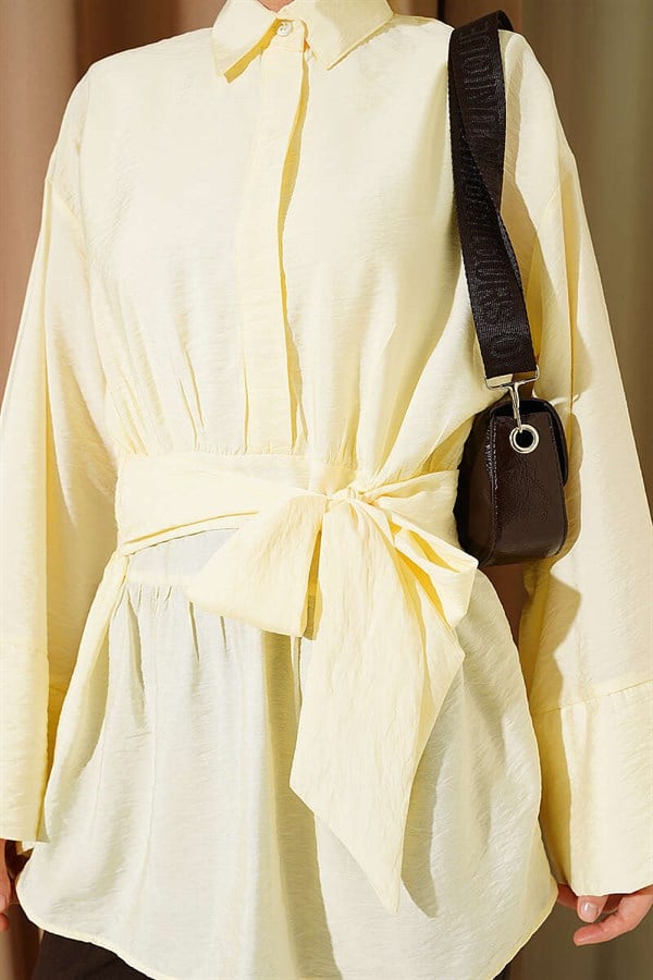 Half-Hidden Button Belted Shirt Yellow