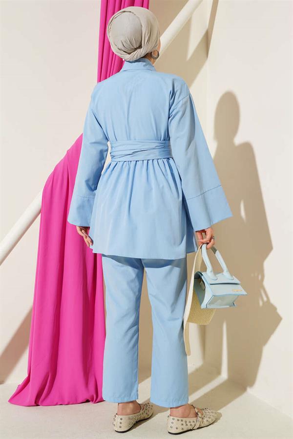 Half Hidden Button Belted 2 Piece Set Blue