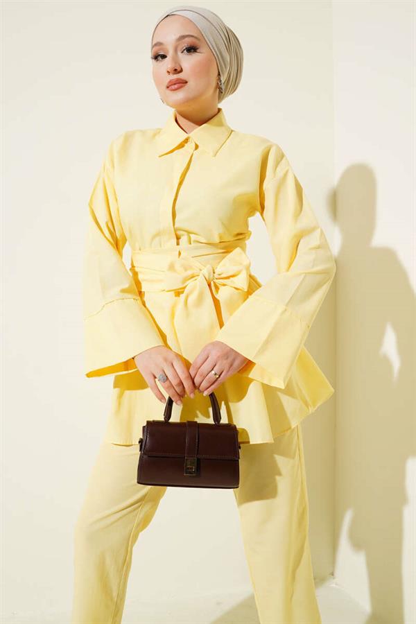 Half Hidden Button Belted 2 Piece Set Yellow