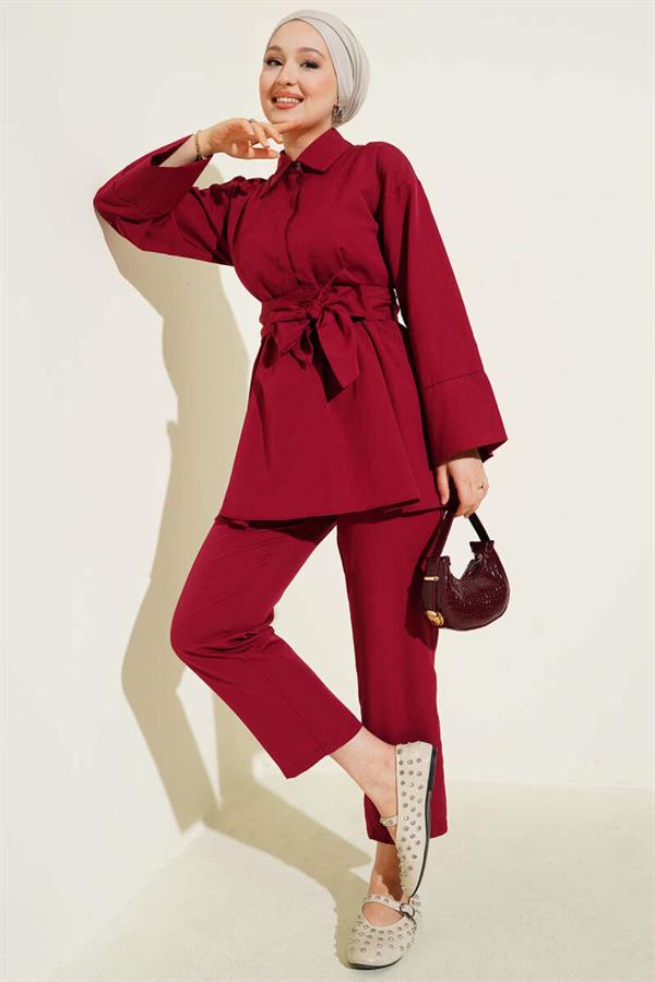 Half Hidden Button Belted 2 Piece Set in Burgundy
