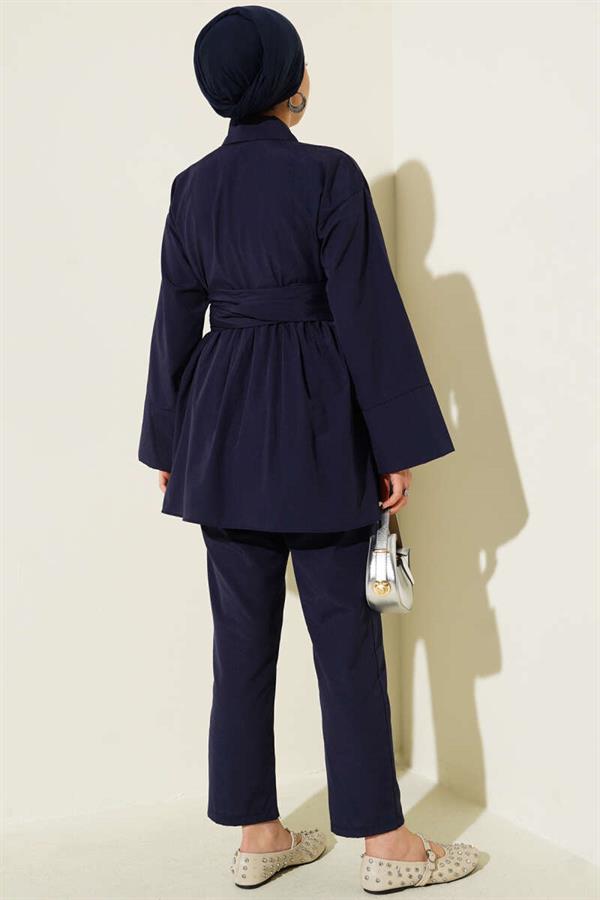 Half Hidden Buttoned Belted 2 Piece Set Navy Blue