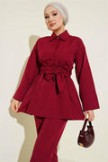 Half Hidden Button Belted 2 Piece Set in Burgundy