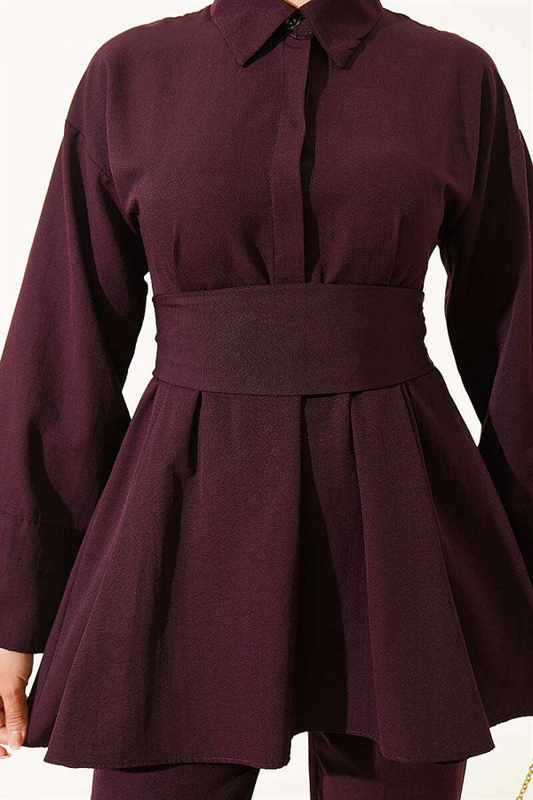Half-Hidden Button Belted 2 Piece Set in Plum