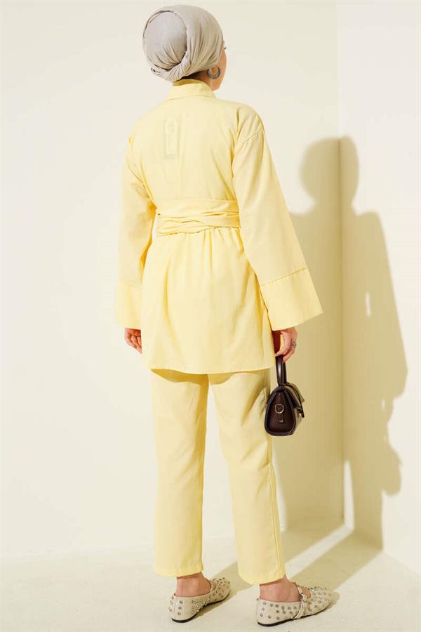 Half Hidden Button Belted 2 Piece Set Yellow