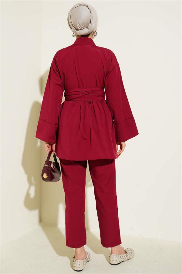 Half Hidden Button Belted 2 Piece Set in Burgundy