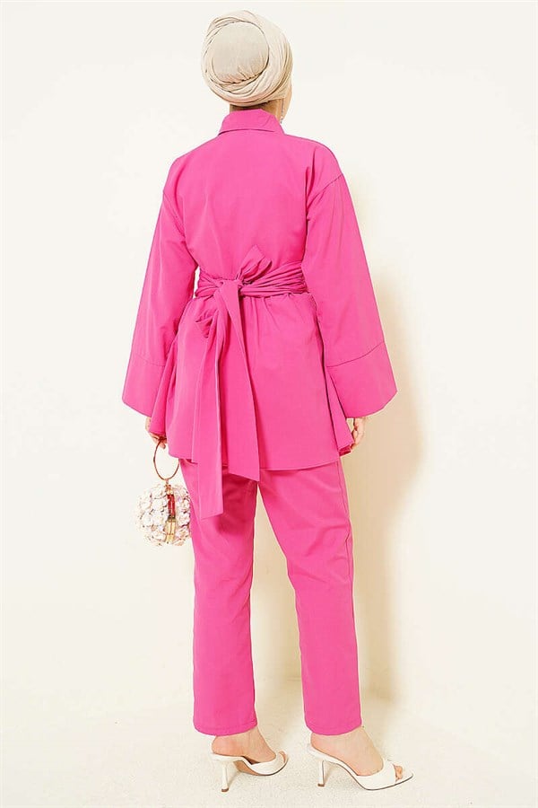 Half-Hidden Button Belted 2 Piece Set, Fuchsia