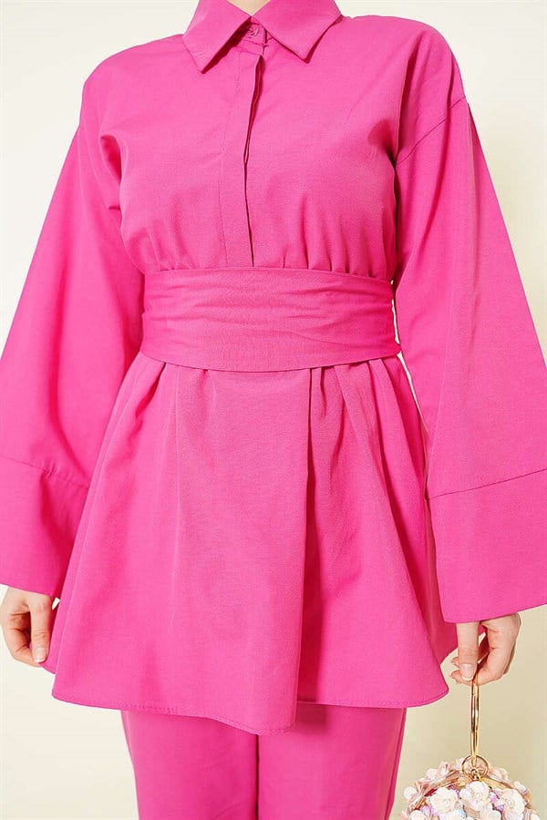 Half-Hidden Button Belted 2 Piece Set, Fuchsia