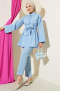 Half Hidden Button Belted 2 Piece Set Blue