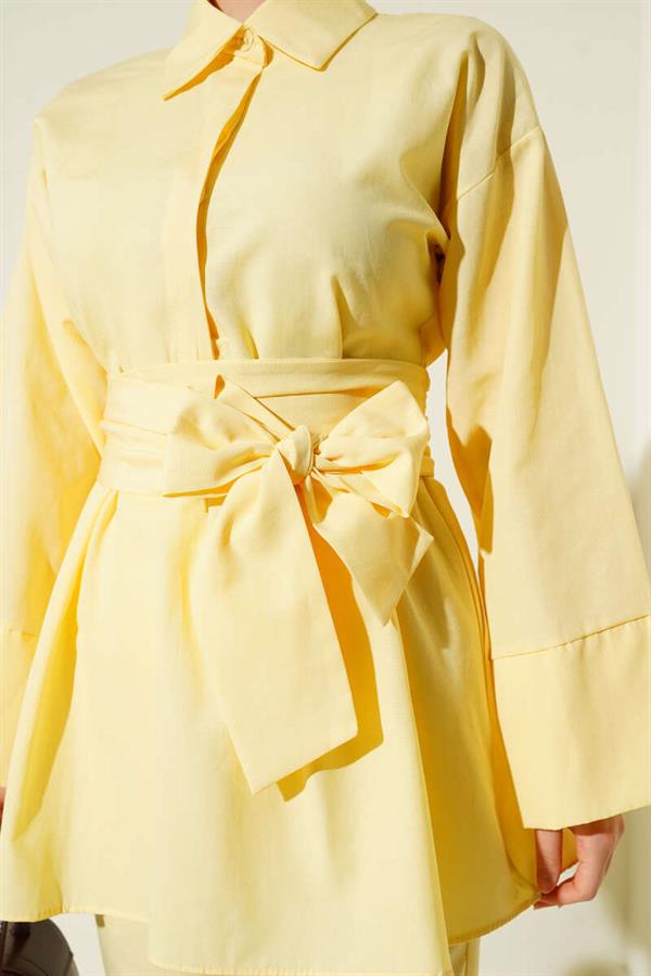 Half Hidden Button Belted 2 Piece Set Yellow