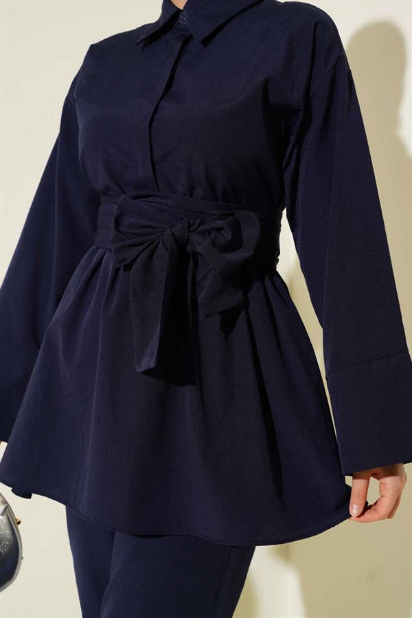 Half Hidden Buttoned Belted 2 Piece Set Navy Blue
