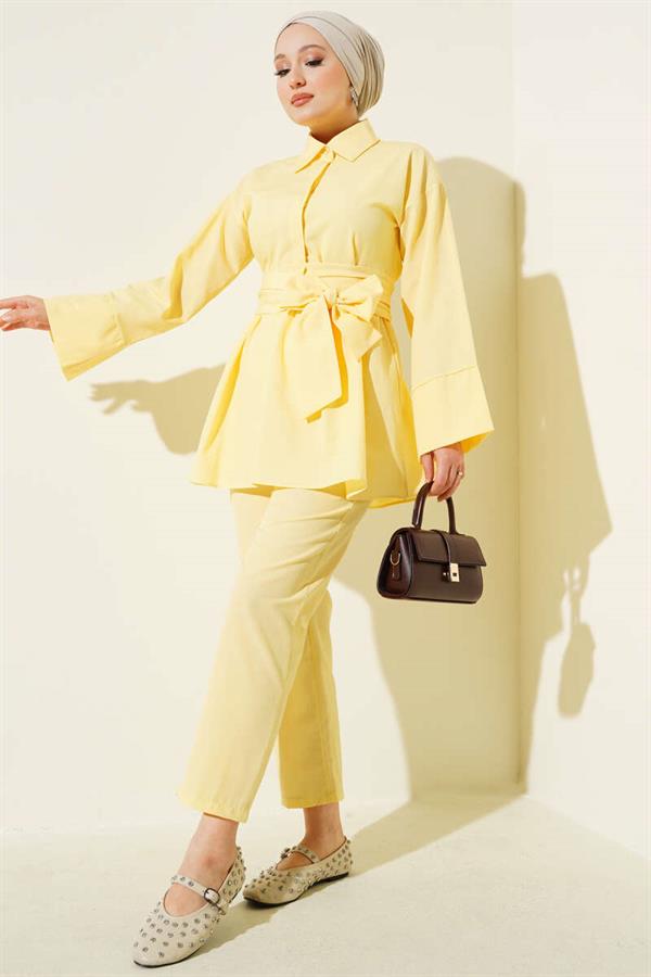 Half Hidden Button Belted 2 Piece Set Yellow