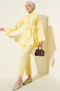 Half Hidden Button Belted 2 Piece Set Yellow