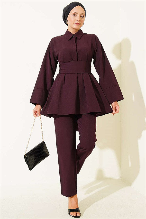 Half-Hidden Button Belted 2 Piece Set in Plum