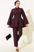 Half-Hidden Button Belted 2 Piece Set in Plum
