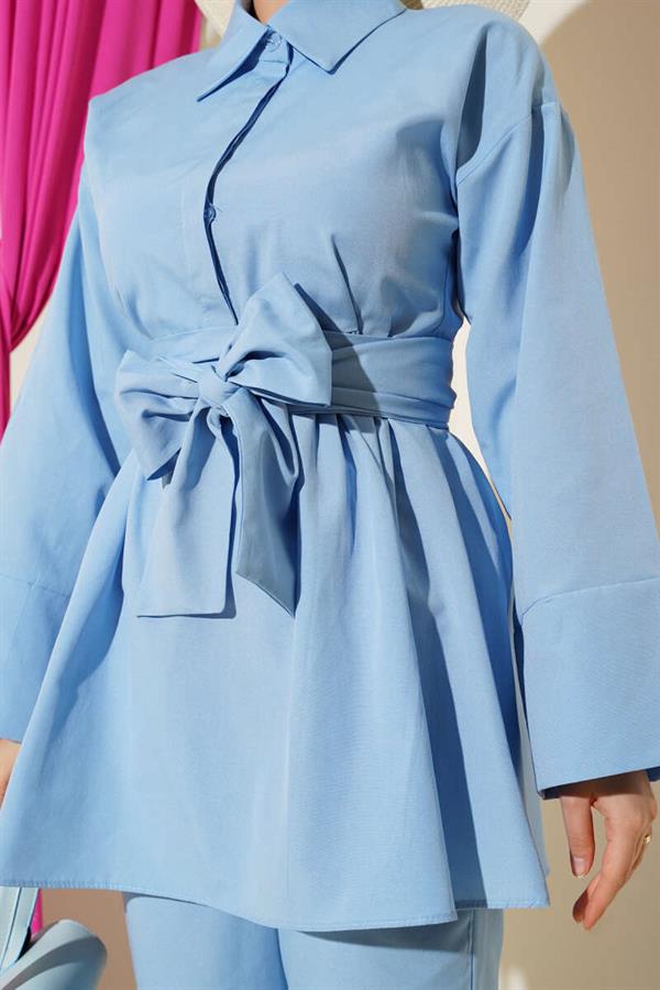 Half Hidden Button Belted 2 Piece Set Blue