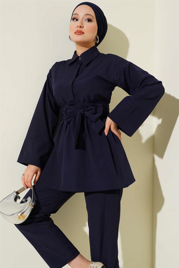 Half Hidden Buttoned Belted 2 Piece Set Navy Blue
