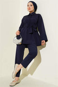 Half Hidden Buttoned Belted 2 Piece Set Navy Blue