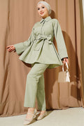 Half-Buttoned Belted 2 Piece Set in Light Green