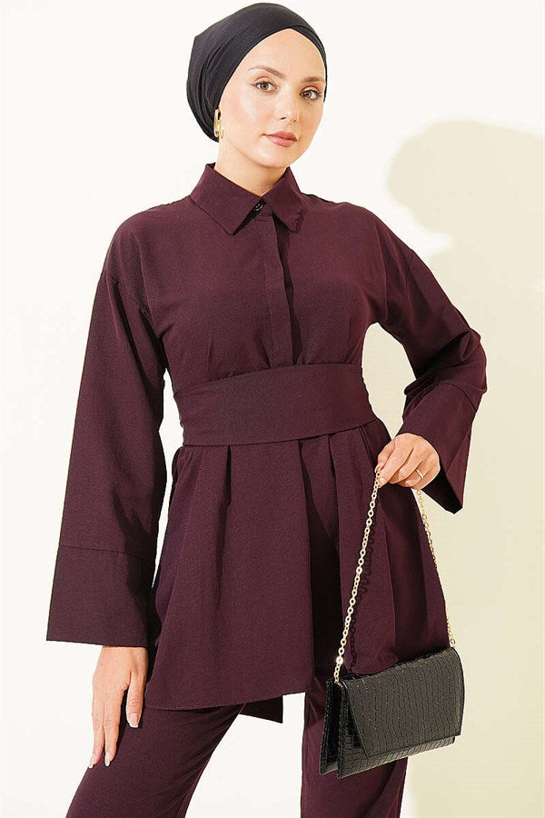 Half-Hidden Button Belted 2 Piece Set in Plum